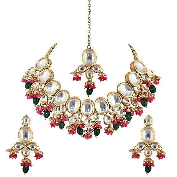 Tehzeeb Creation Back Meenakari 18k Gold Plated Multi Color Tika Earring Combo Uncut Big Faux Kundan Choker Necklace set THZ446