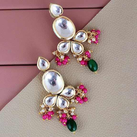 Tehzeeb Creation Back Meenakari 18k Gold Plated Multi Color Tika Earring Combo Uncut Big Faux Kundan Choker Necklace set THZ446