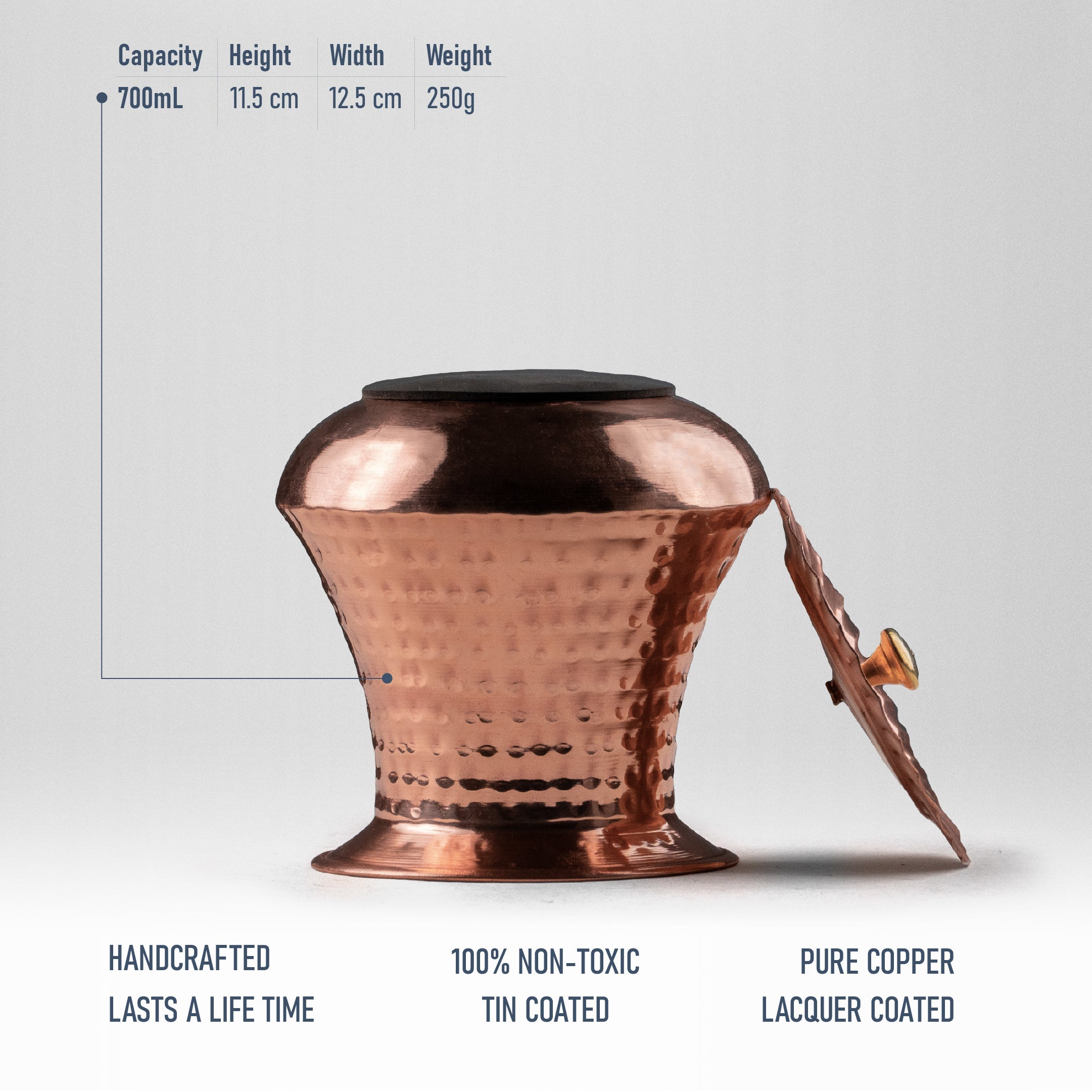 Health Smith  Pure Copper Pistachio Lota with Hammered Finish With Lid – Lacquer Coated for Long Life