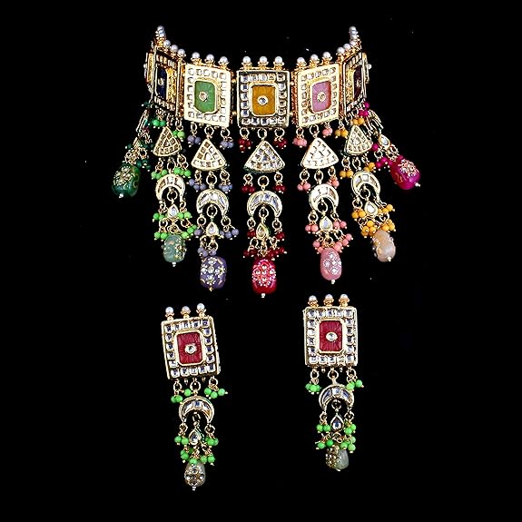 Tehzeeb Creation Meenakari 18K Gold Plated Multi Color Rectangular Shape Uncut Kundan Combo Necklace Set THZ452