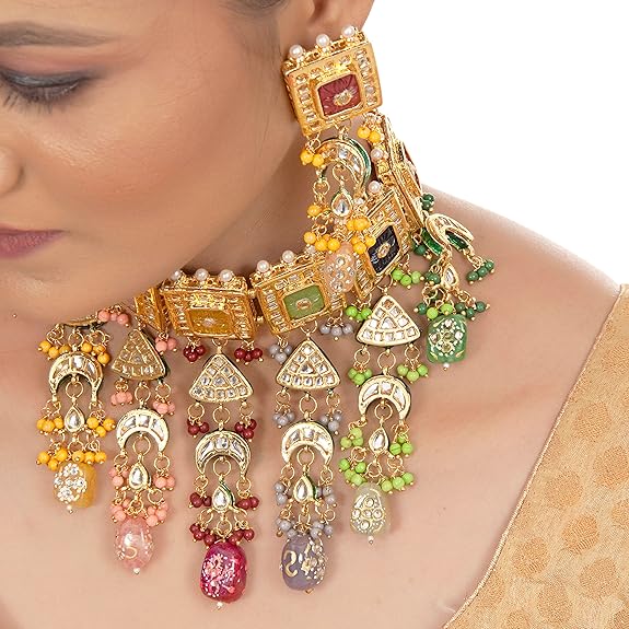 Tehzeeb Creation Meenakari 18K Gold Plated Multi Color Rectangular Shape Uncut Kundan Combo Necklace Set THZ452