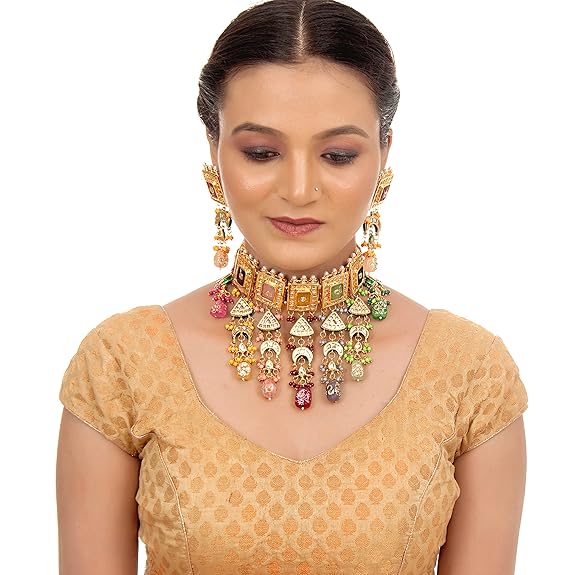 Tehzeeb Creation Meenakari 18K Gold Plated Multi Color Rectangular Shape Uncut Kundan Combo Necklace Set THZ452