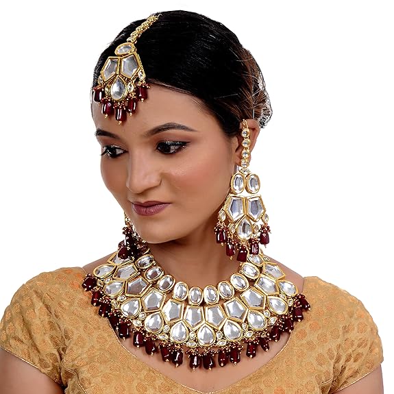 Tehzeeb Creation Meenakari 18K Gold plated Maroon color pentagon shape Uncut Kundan Combo Necklace Set THZ455