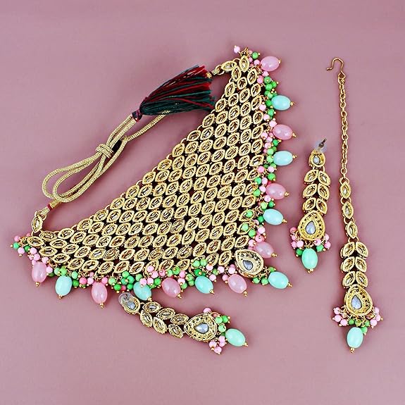 Tehzeeb Creation  Designer Pink and Mint Color Choker Stone Necklace Set THZ457