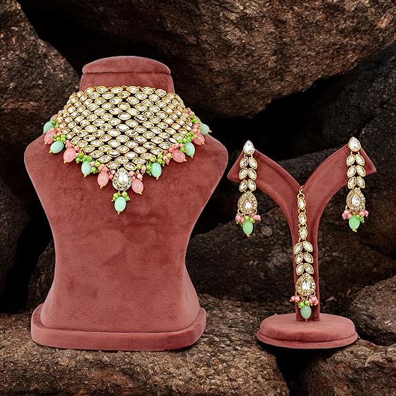 Tehzeeb Creation  Designer Pink and Mint Color Choker Stone Necklace Set THZ457