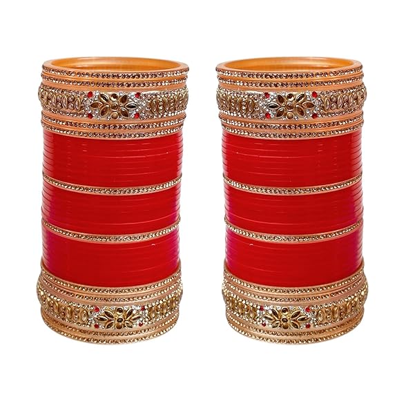 Tehzeeb Creation Bridal Bangle Set Dhanteras/Diwali/Bhai Dooj Collection Golden White & Red Stone Chuda, Wedding punjabi Choora Fashion Chura Set for Women THZ458