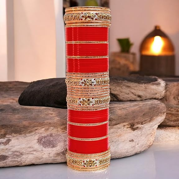 Tehzeeb Creation Bridal Bangle Set Dhanteras/Diwali/Bhai Dooj Collection Golden White & Red Stone Chuda, Wedding punjabi Choora Fashion Chura Set for Women THZ458