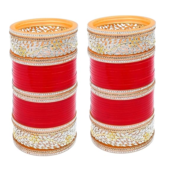 Tehzeeb Creation Bridal Bangle Set Dhanteras/Diwali/Bhai Dooj Collection Wedding Punjabi chuda Designer chura CZ Stone Red Color choora Set for Women  THZ470