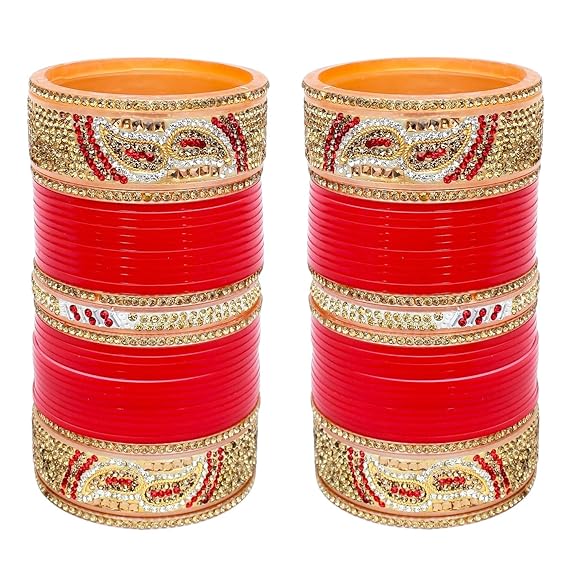 Tehzeeb Creation  Bridal Bangle Set Dhanteras/Diwali/Bhai Dooj Collection Designer Golden White & Red Stone Chuda Bridal Wedding Choora Fashion Chura For Women THZ464
