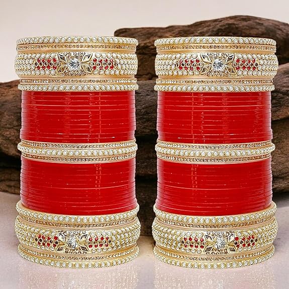 Tehzeeb Creation Bridal Bangle Set Dhanteras/Diwali/Bhai Dooj Collection Red Designer Chura Wedding Punjabi Choora Fashion Jewellery Chuda Set for Women THZ467