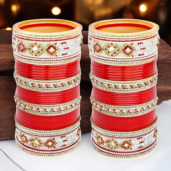 Tehzeeb Creation  Bridal Bangle Set Dhanteras/Diwali/Bhai Dooj Collection Designer Red Color Chuda Dulhan Punjabi Choora Fashion Wedding Chura for Women THZ471
