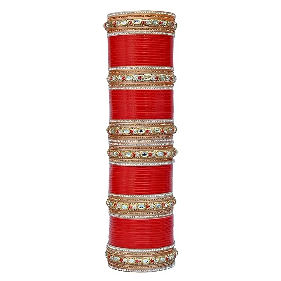 Tehzeeb Creation Bridal Bangle Set Dhanteras/Diwali/Bhai Dooj Collection Red Golden & White Stone Chura Designer Fashion Choora Punjabi Chuda Set THZ474