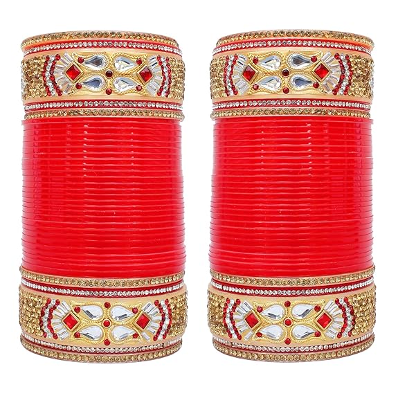 Tehzeeb Creation Bridal Bangle Set Dhanteras/Diwali/Bhai Dooj Collection Designer Golden White & Red Stone Chuda Dulhan Wedding Choora Fashion Chura For Women THZ475