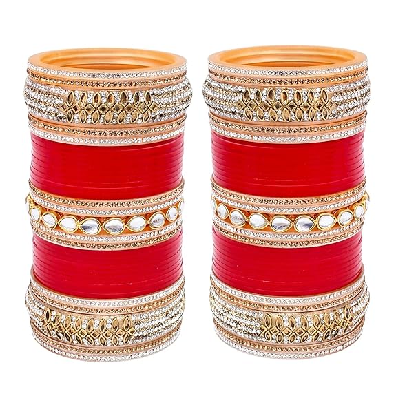 Tehzeeb Creation Bridal Bangle Set Dhanteras/Diwali/Bhai Dooj Collection Red Designer White Kundan & Golden Stone Dulhan Chuda Fashion Punjabi Choora Wedding Chura For Women THZ476