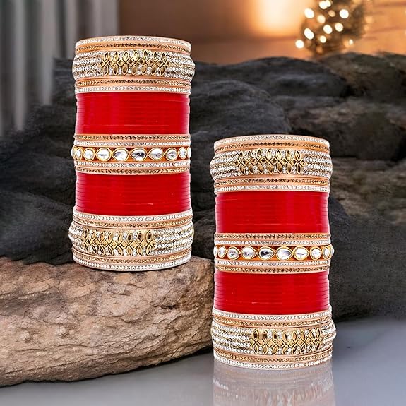 Tehzeeb Creation Bridal Bangle Set Dhanteras/Diwali/Bhai Dooj Collection Red Designer White Kundan & Golden Stone Dulhan Chuda Fashion Punjabi Choora Wedding Chura For Women THZ476
