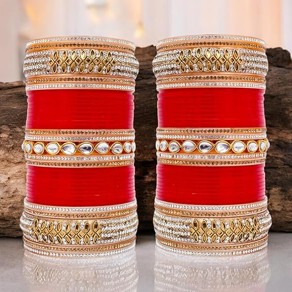 Tehzeeb Creation Bridal Bangle Set Dhanteras/Diwali/Bhai Dooj Collection Red Designer White Kundan & Golden Stone Dulhan Chuda Fashion Punjabi Choora Wedding Chura For Women THZ476