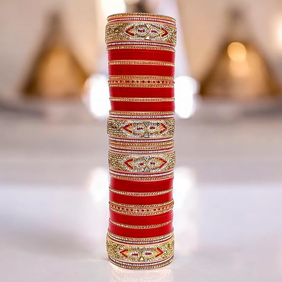 Tehzeeb Creation Bridal Bangle Set Dhanteras/Diwali/Bhai Dooj Collection Red Designer Chura Wedding Punjabi Choora Fashion Jewellery Chuda Set for Women THZ478
