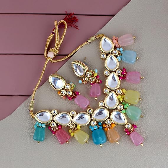 Tehzeeb Creation  Meenakari Gold plated Multicolor pentagon shape Uncut Kundan Necklace Set THZ479