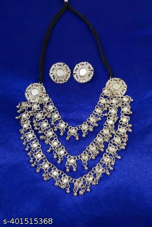 WOMENS SILVER COLOUR OXIDISED NACKLACE SET WITH MIRROR WORK  THZ076