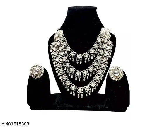 WOMENS SILVER COLOUR OXIDISED NACKLACE SET WITH MIRROR WORK  THZ076