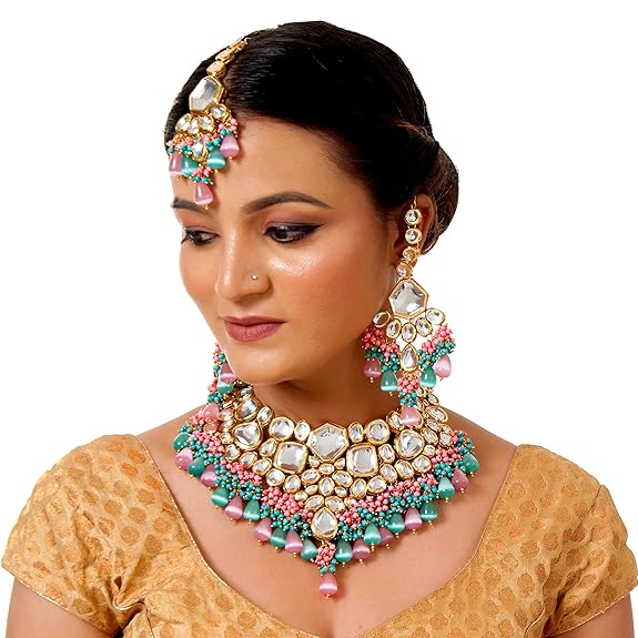 Tehzeeb Creation  Meenakari 18K Gold Plated Multi Color Uncut dibbi Kundan Combo Necklace Set For Women THZ480