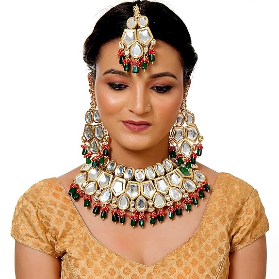 Tehzeeb Creation Back Meenakari 18k Gold Plated Multicolor Color Tika Earring Combo Jewellery Set Uncut Big Faux Kundan Dibbi Kundan Choker Necklace Set for Girl's & Women THZ481