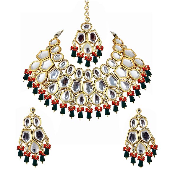 Tehzeeb Creation Back Meenakari 18k Gold Plated Multicolor Color Tika Earring Combo Jewellery Set Uncut Big Faux Kundan Dibbi Kundan Choker Necklace Set for Girl's & Women THZ481