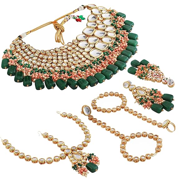 Tehzeeb Creation 18K Gold Plated Multicolor Kundan Stone/Uncut Kundan/Dibbi Kundan/Meena Kundan/Lucknow Kundan Bridal Set for Girls & Women  THZ482