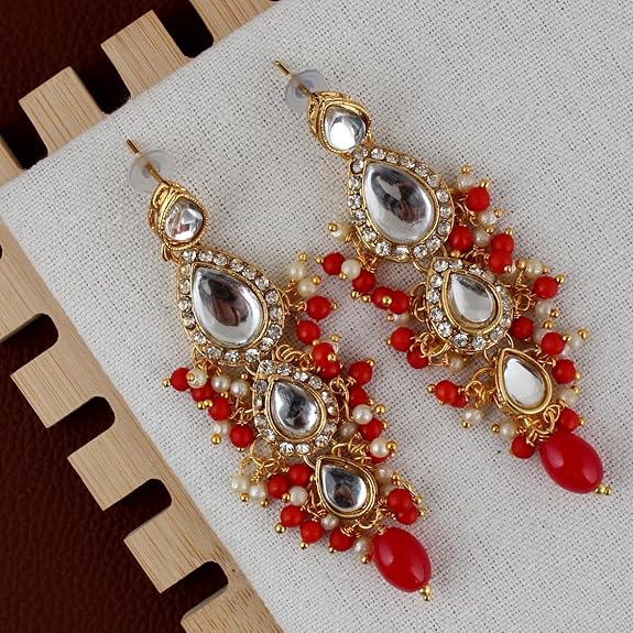 Tehzeeb Creation  Gold Plated White Red Color Tika Earring Necklace Combo Kundan Jewellery Set THZ483
