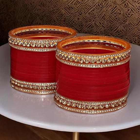 Tehzeeb Creation Bridal Bangle Set Wedding punjabi chuda, Designer chura CZ Stone Maroon Color Choora Set for Women THZ484