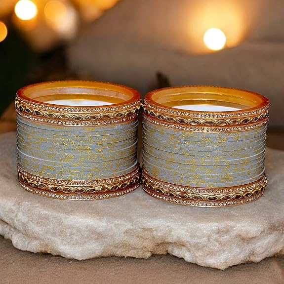 Tehzeeb Creation Bridal Bangle set Wedding Punjabi chuda Designer chura CZ Stone with Kundan Stone Grey Color choora THZ485