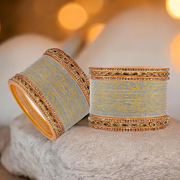 Tehzeeb Creation Bridal Bangle set Wedding Punjabi chuda Designer chura CZ Stone with Kundan Stone Grey Color choora THZ485
