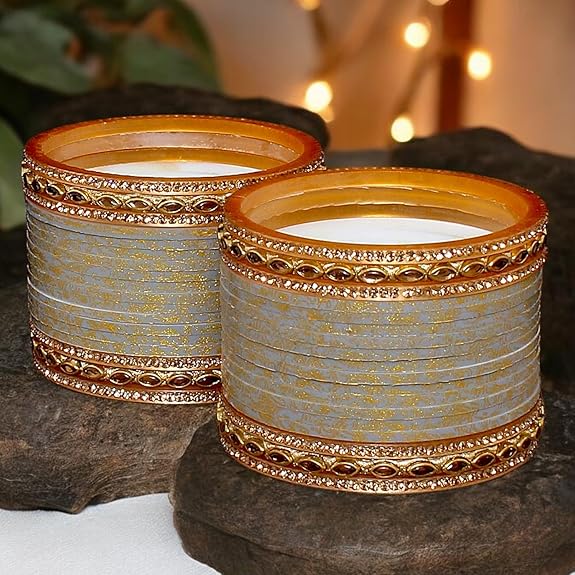 Tehzeeb Creation Bridal Bangle set Wedding Punjabi chuda Designer chura CZ Stone with Kundan Stone Grey Color choora THZ485