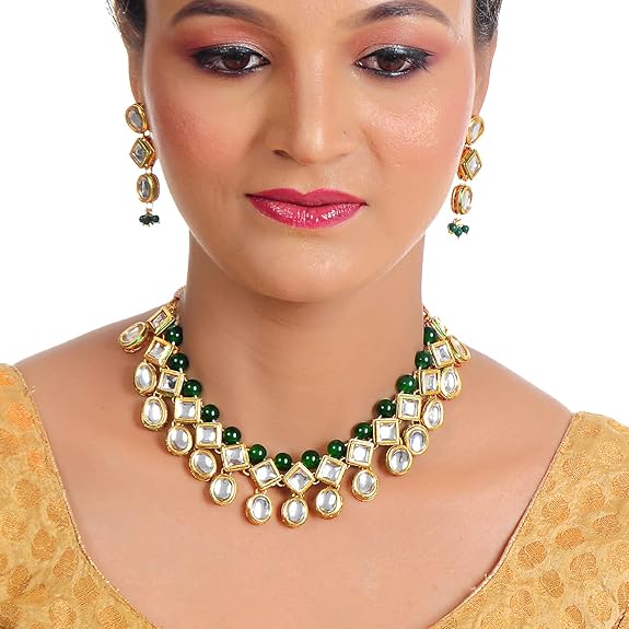 Tehzeeb Creation Back Meenakari 18k Gold Plated Green Color Earring Combo Jewellery Set Uncut Kundan Big Faux Kundan Dibbi Kundan Choker Necklace Set for Girl's & Women thz487