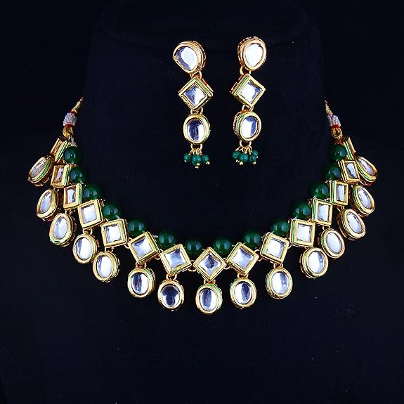 Tehzeeb Creation Back Meenakari 18k Gold Plated Green Color Earring Combo Jewellery Set Uncut Kundan Big Faux Kundan Dibbi Kundan Choker Necklace Set for Girl's & Women thz487