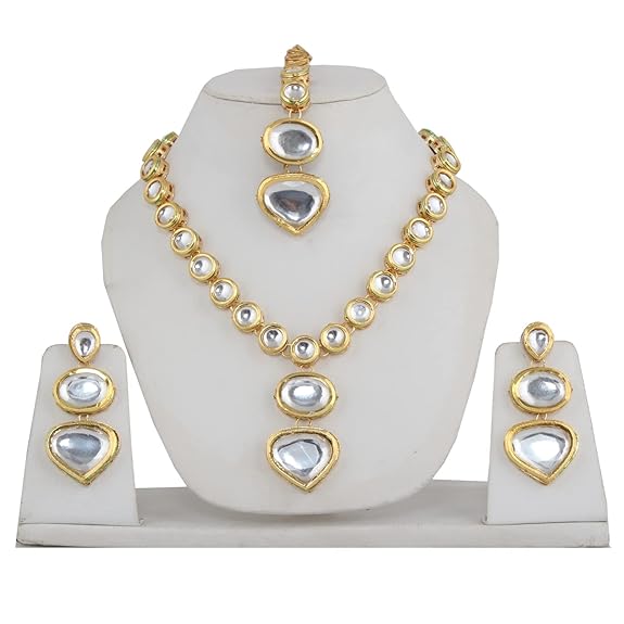 Tehzeeb Creation  Back Meenakari 18k Gold Plated White Color Tika Earring Combo Jewellery Set Uncut Kundan Big Faux Kundan Dibbi Kundan Choker Necklace Set for Girl's & Women thz488
