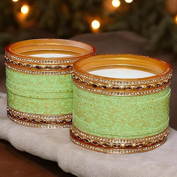 Tehzeeb Creation Bridal Bangle Set Wedding Punjabi Chuda Designer Chura CZ Stone with Kundan Stone Pista Color Small Size Choora for Women  thz489