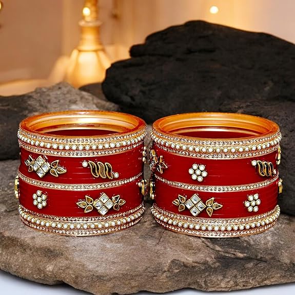 Tehzeeb Creation  Bridal Bangle set Wedding punjabi chuda Designer chura Kundan Stone with Pearl Maroon Color choora thz490