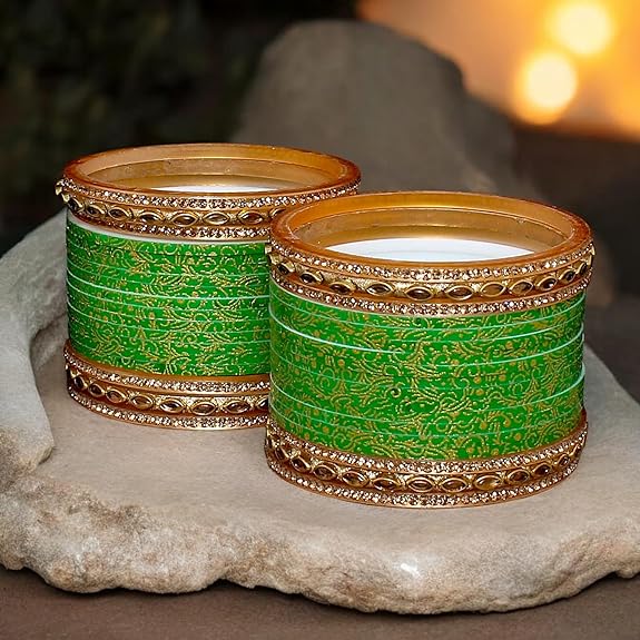 Tehzeeb Creation  Bridal Bangle Set Wedding Punjabi Chuda Designer Chura CZ Stone with Kundan Stone Green Color Small Size Choora For Women THZ491