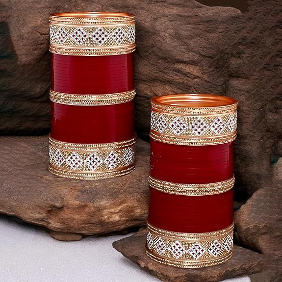 Tehzeeb Creation Bridal Bangle Set Wedding Punjabi Chuda Designer Chura CZ Stone Maroon Color Choora For Women THZ492
