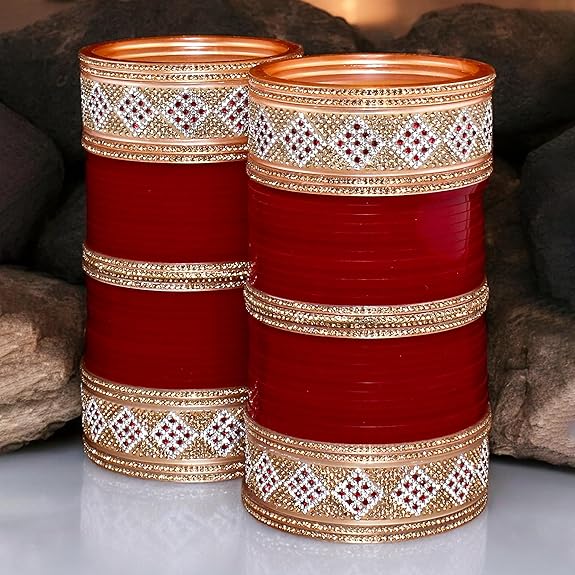 Tehzeeb Creation Bridal Bangle Set Wedding Punjabi Chuda Designer Chura CZ Stone Maroon Color Choora For Women THZ492