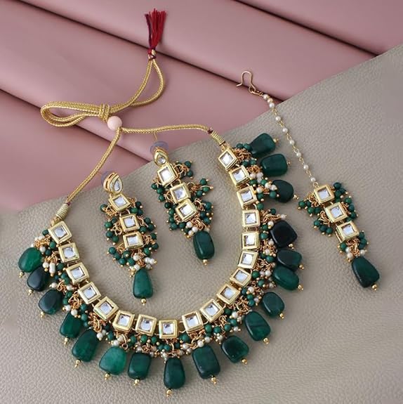 Tehzeeb Creation  Back Meenakari 18k Gold Plated Square Shape Tika Earring Combo Jewellery Set Uncut Kundan Big Faux Kundan Dibbi Kundan Choker Necklace Set for Girl's & Women THZ499