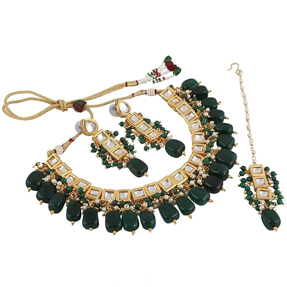 Tehzeeb Creation  Back Meenakari 18k Gold Plated Square Shape Tika Earring Combo Jewellery Set Uncut Kundan Big Faux Kundan Dibbi Kundan Choker Necklace Set for Girl's & Women THZ499