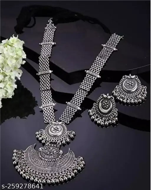 WOMENS SILVER COLOUR OXIDISED NACKLACE SET WITH MIRROR WORK  THZ048