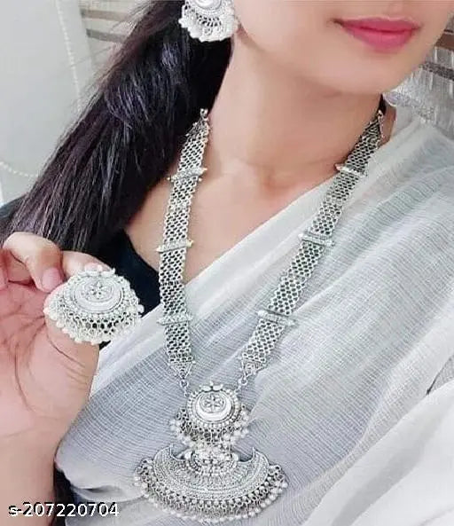 WOMENS SILVER COLOUR OXIDISED NACKLACE SET WITH MIRROR WORK  THZ048