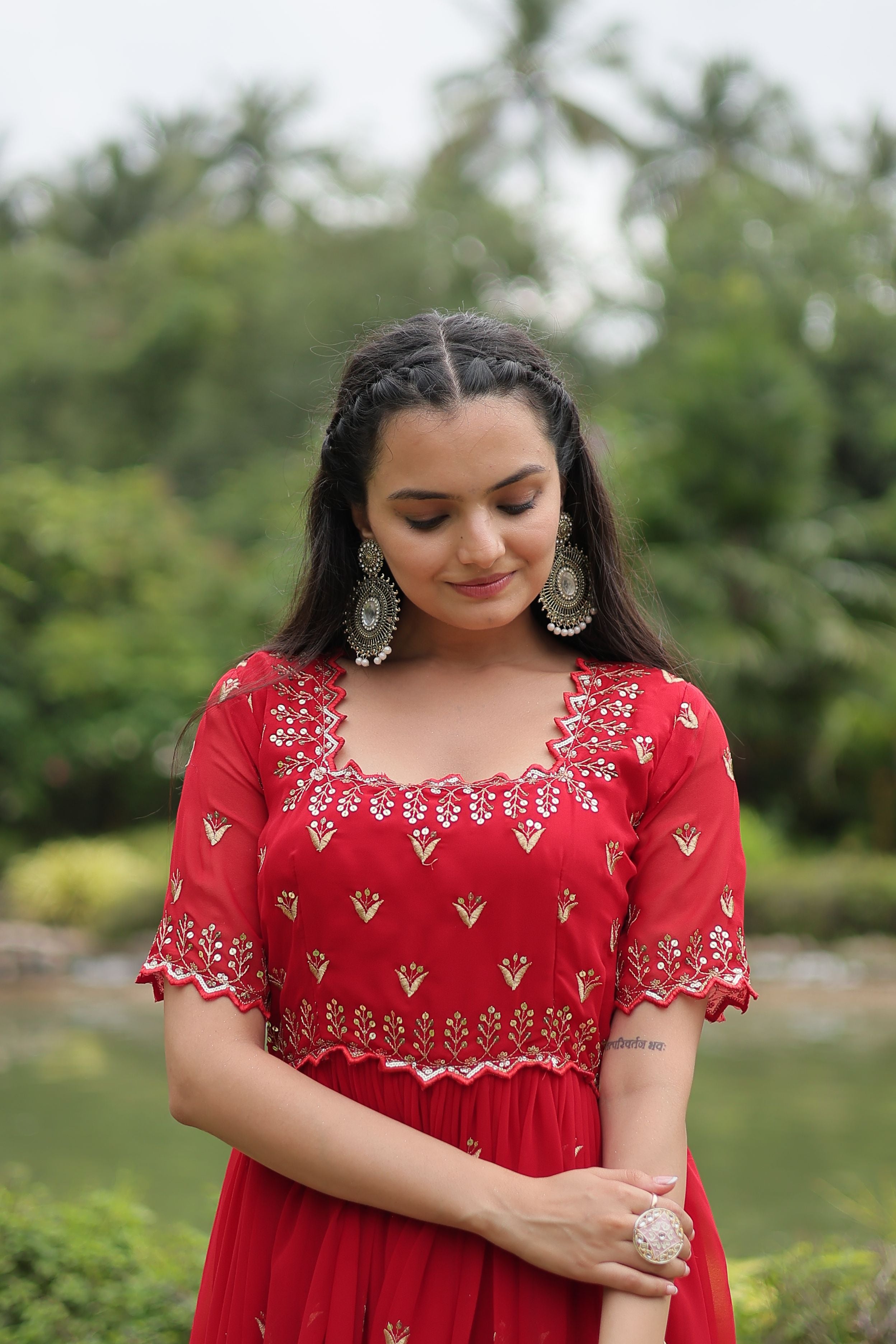 Aastha Red Faux Blooming with Gown Embroidery Zari Sequins-work