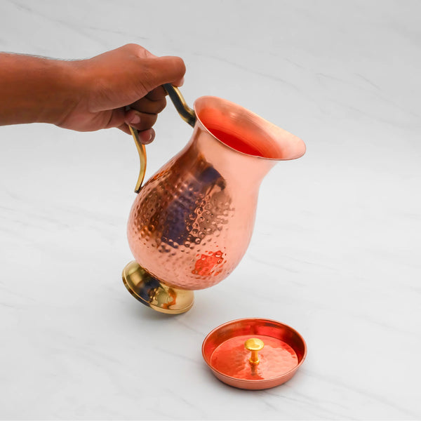 Health Smith Pure Copper Jug for Water with Lid & Handle - Antioxidant and Antimicrobial