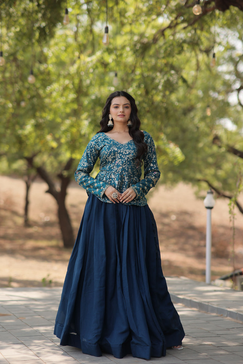 Aastha fashion Rama Shimmer Vichitra Lehenga  Viscose Jacquard  blouse fabric embroidery work