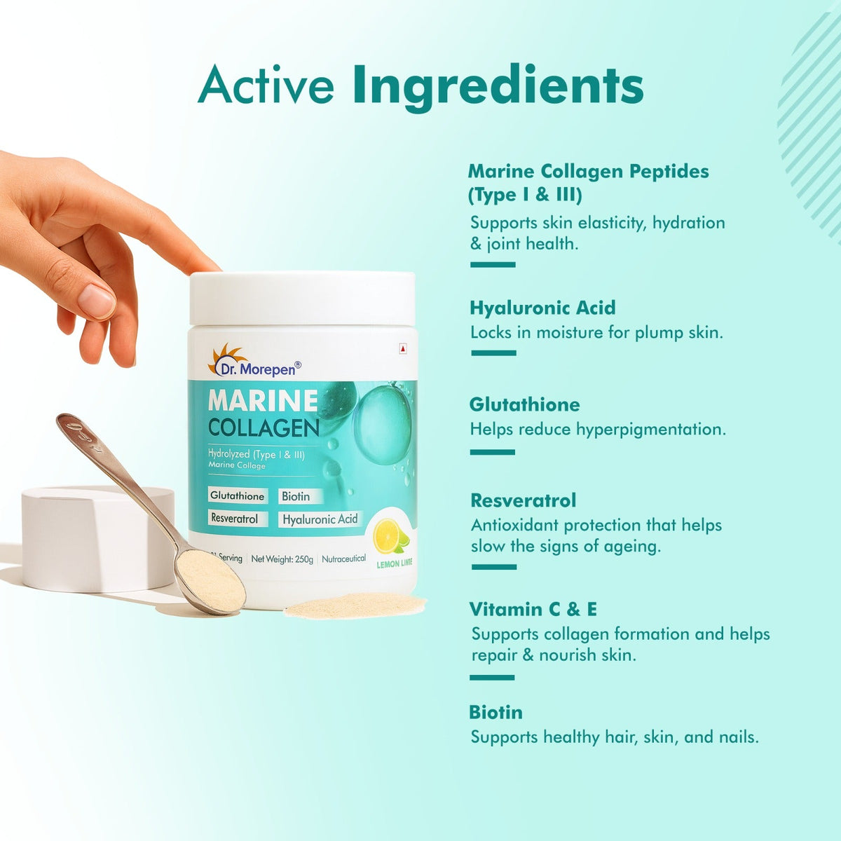 Dr. Morepen Biotin+ Advanced Tablets & DR. Morepen Marine Collagen Powder with Glutathione, Hyaluronic Acid, Resveratrol & Biotin Lemon Lime Flavour - Combo