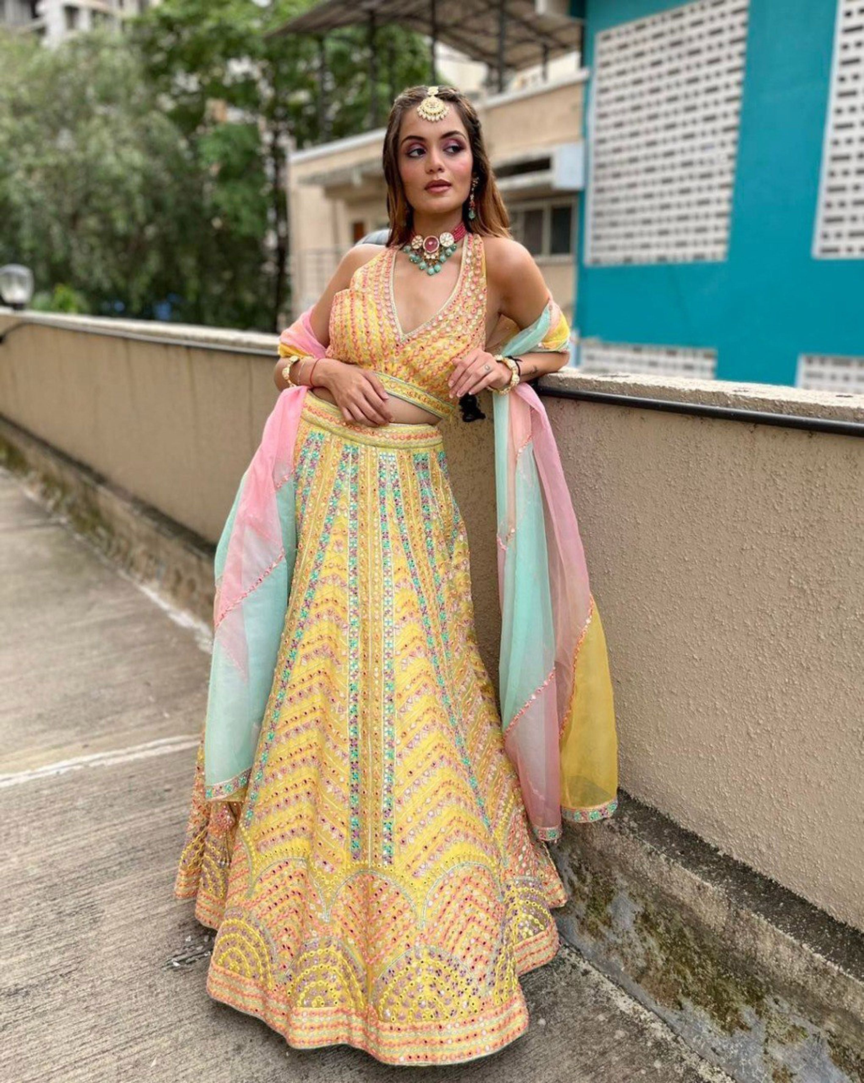 Aastha fashion off Yellow Lehenga Choli with Dola Silk With Fusing  blouse fabric